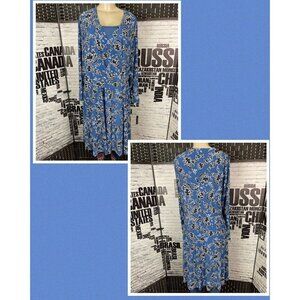 Woman Within Plus 24W Blue Floral Print Faux Wrap Long Sleeve Below Knee Dress